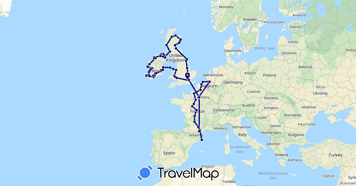 TravelMap itinerary: driving in Belgium, Spain, France, United Kingdom, Ireland (Europe)